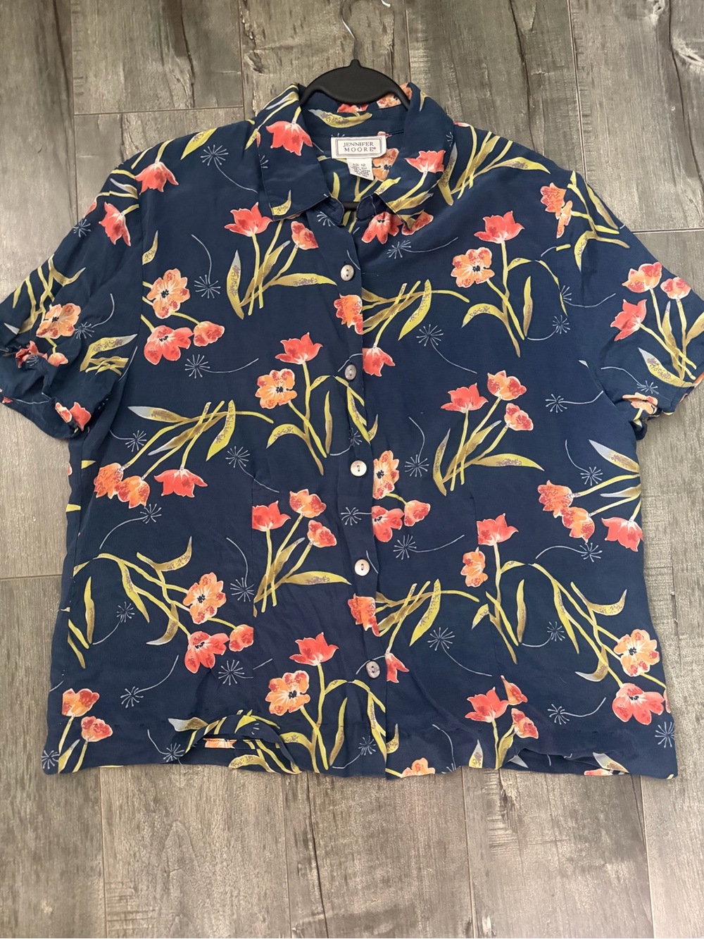 Vintage Jennifer Moore 100% Silk Floral Blouse Size 12 Navy Button Front - Picture 8 of 9